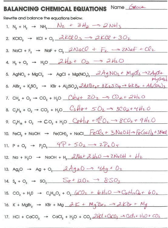 Balancing Chemical Equations Worksheet Grade 9 With Answers