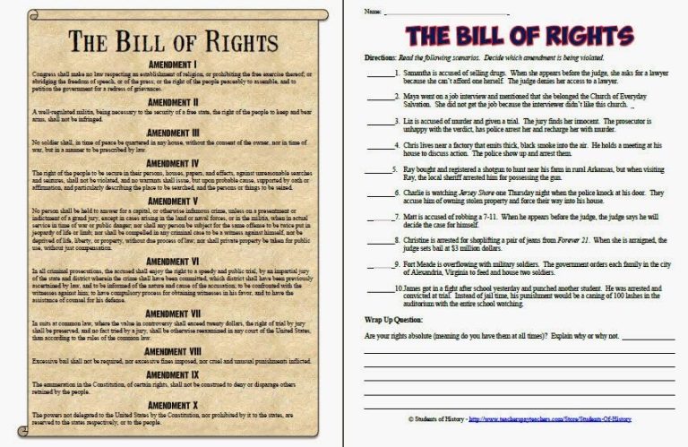 Printable Bill Of Rights Worksheet Pdf