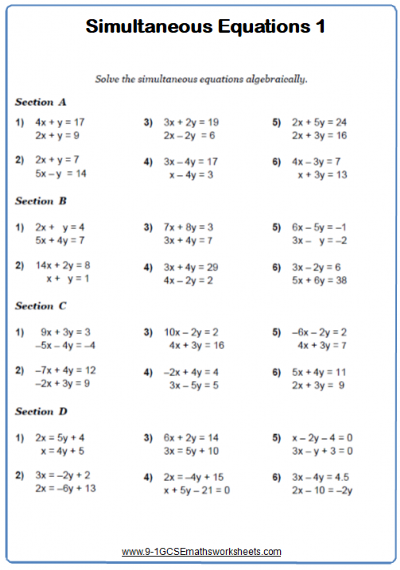 Simultaneous Equations Worksheet Pdf