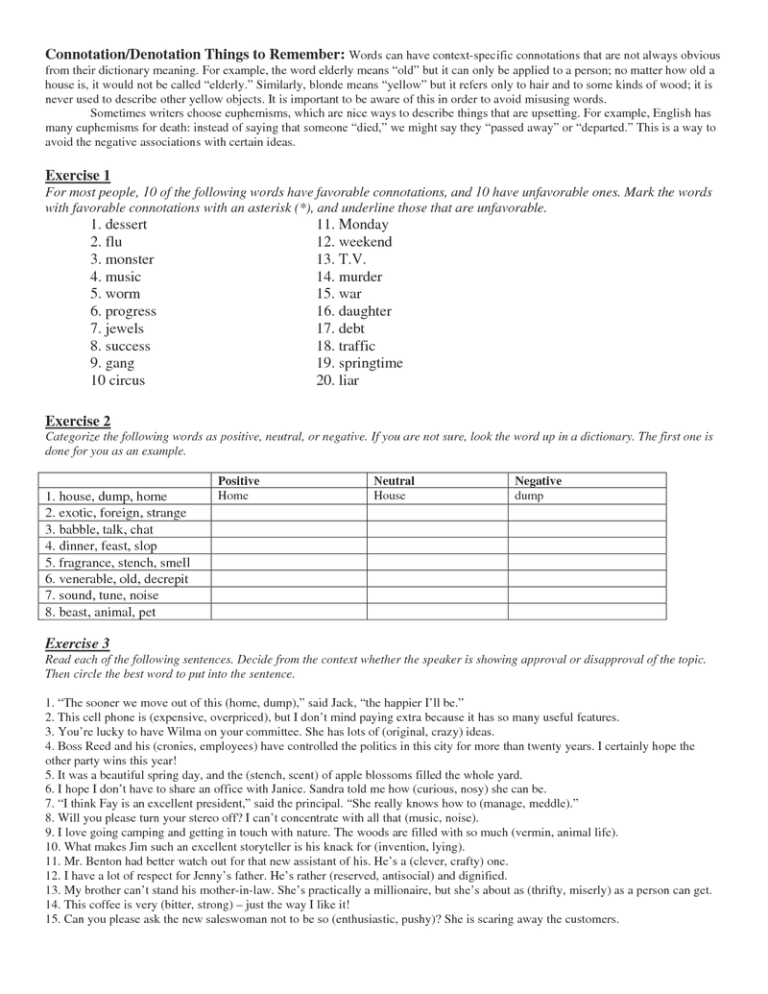 Connotation And Denotation Worksheets Pdf With Answers