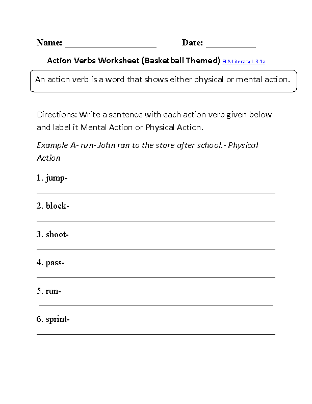 3rd Grade Action Verbs Worksheet