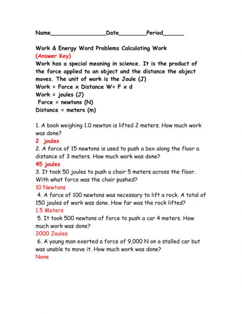 Energy Work And Power Worksheet Answers