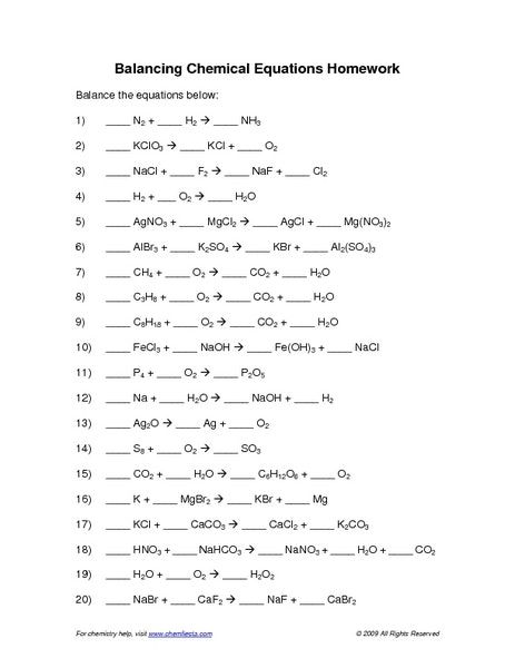 Answer Key Writing Chemical Equations Worksheet