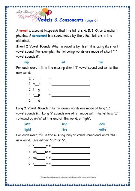Vowels And Consonants Worksheets For Grade 4