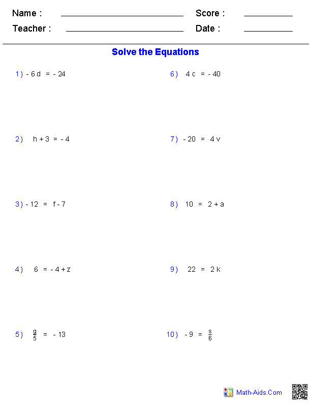 One Step Equations Worksheet 9th Grade