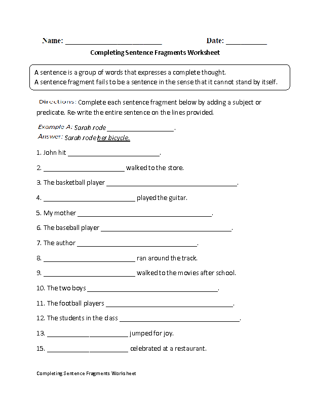 Sentence Fragment Worksheets With Answer Key Pdf