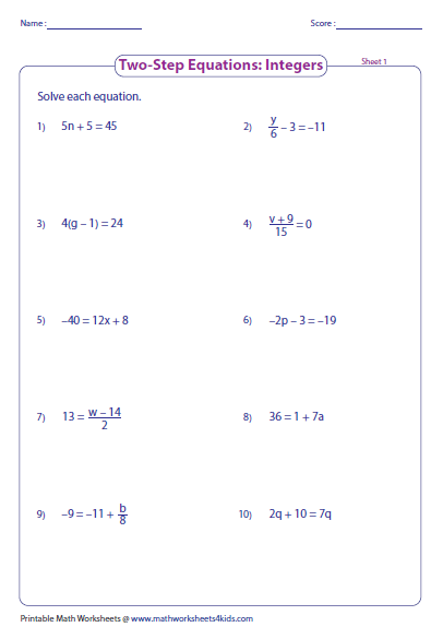 9th Grade 2 Step Equations Worksheet