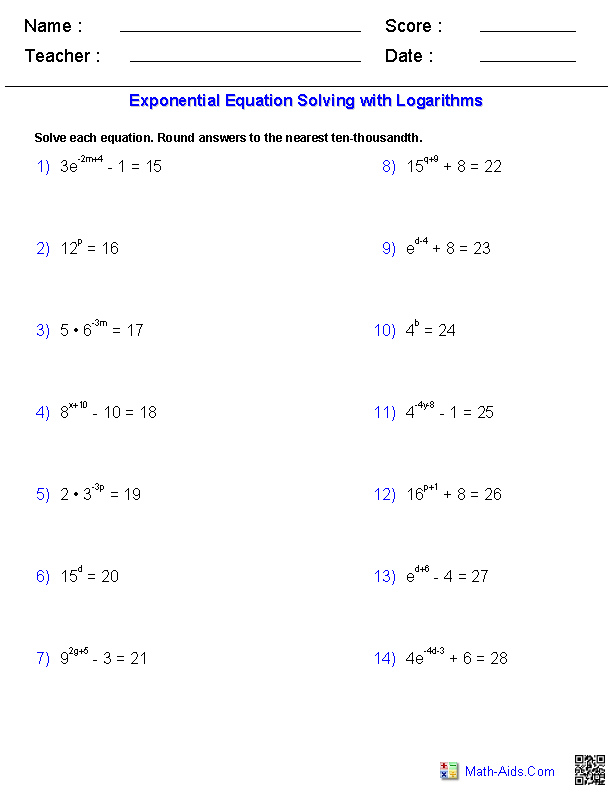 Solving Exponential And Logarithmic Equations Worksheet Pdf