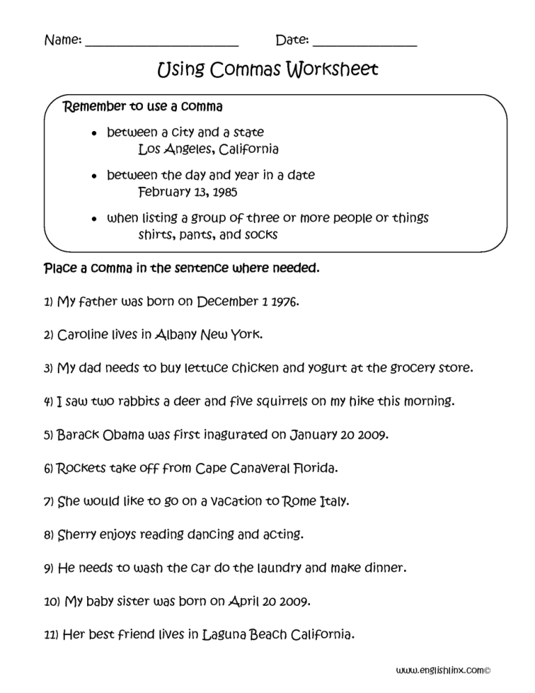 Punctuation Comma Worksheets With Answers