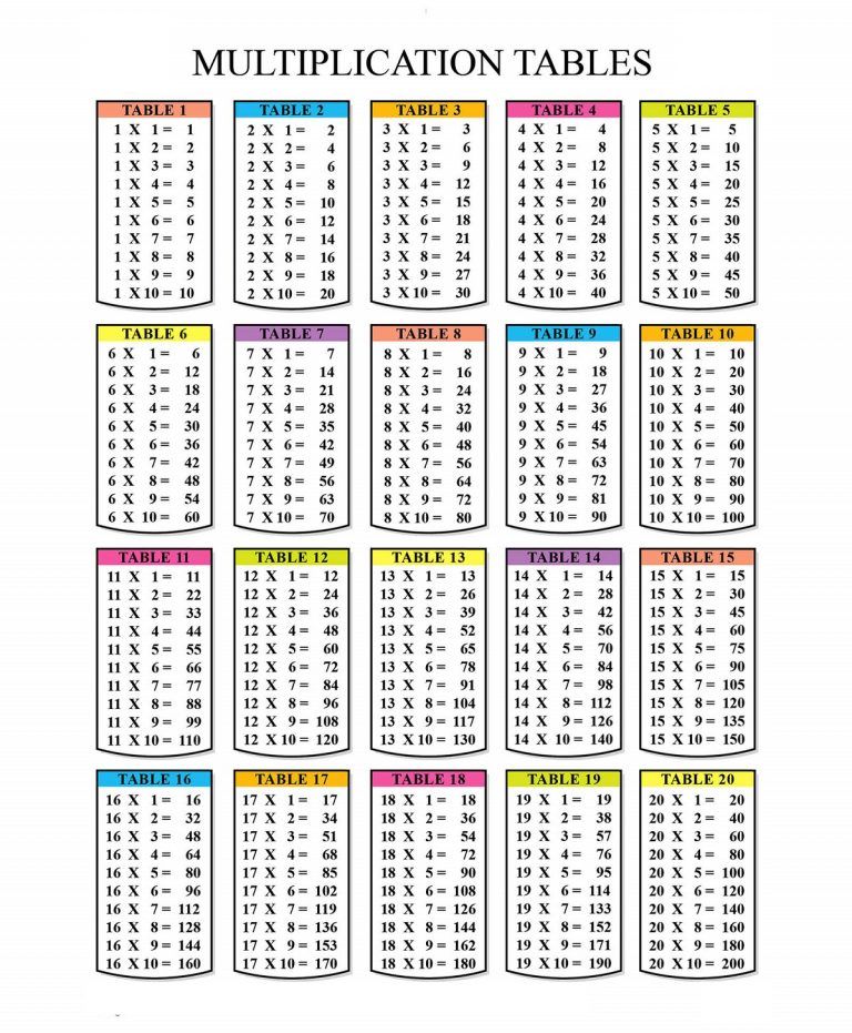 Beginner Free Printable Full Size Times Table Chart
