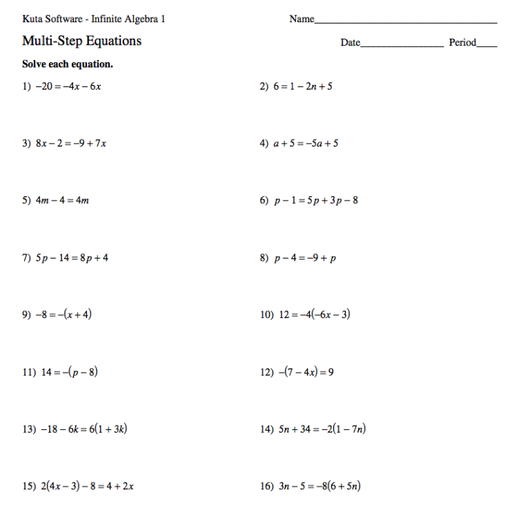 Multi Step Equations Worksheet Algebra 1
