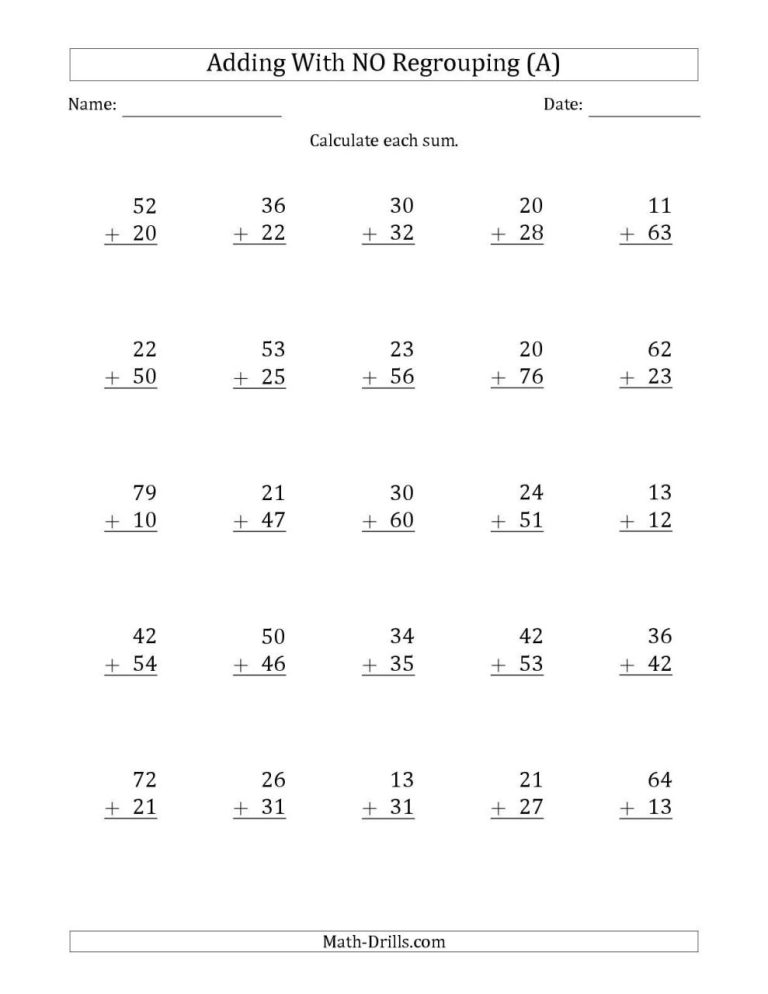 Math Double Digit Addition With Regrouping Worksheets
