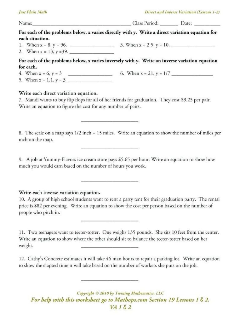 Direct And Inverse Variation Worksheet Answer Key