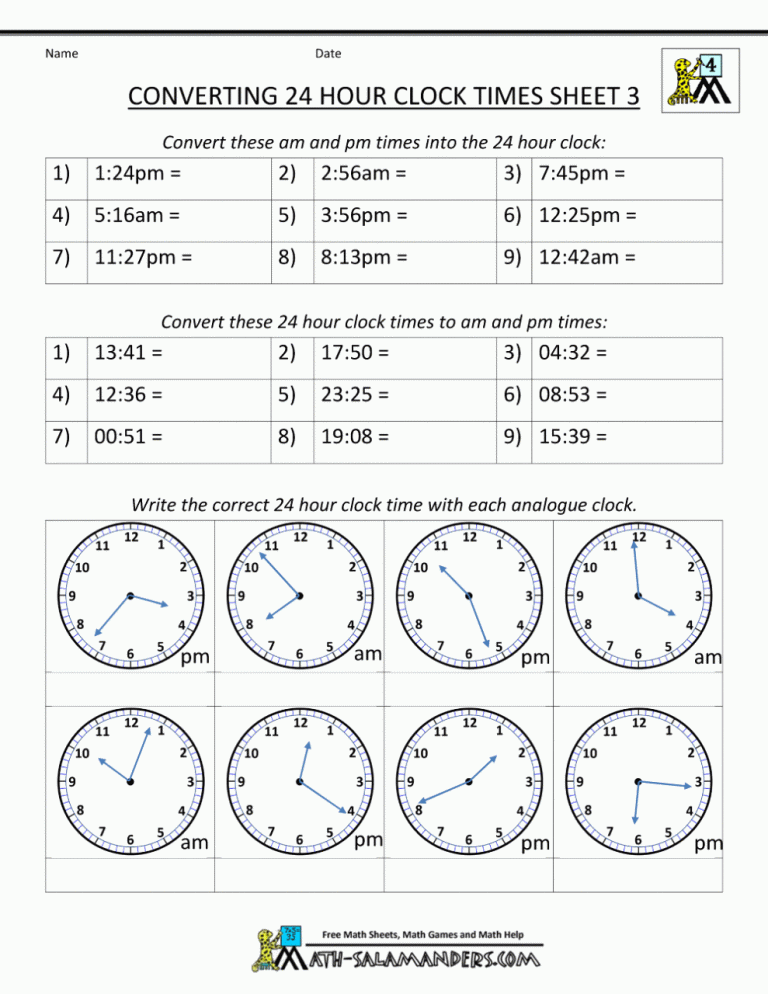 24 Hour Clock Telling Time Worksheets
