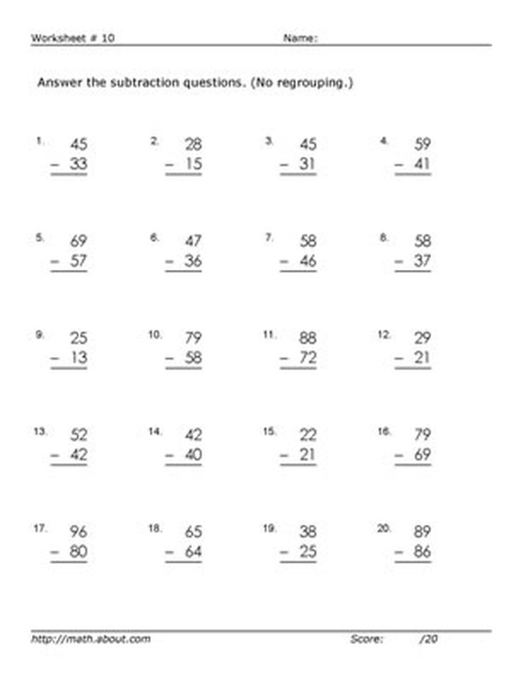 2 Digit Subtraction Without Regrouping Worksheets
