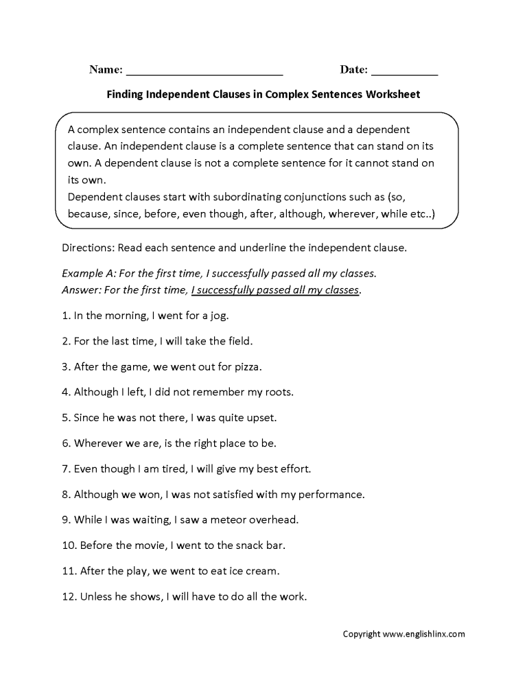 Independent And Dependent Clauses And Phrases Worksheets