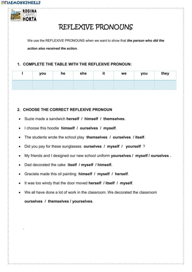 Reflexive Pronouns Worksheets Pdf With Answers
