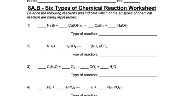 Balancing Chemical Equations Worksheet Answers 8th Grade