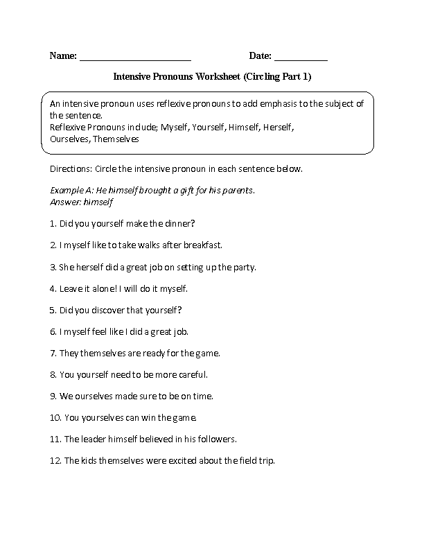 5th Grade 6th Grade Reflexive Pronouns Worksheets
