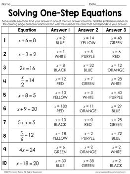 Algebra 1 Solving One Step Equations Worksheets