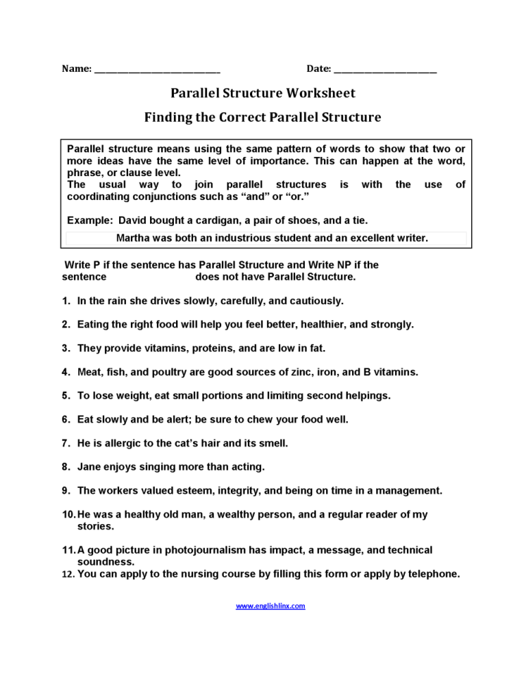 Parallel Structure Worksheet With Answers Pdf