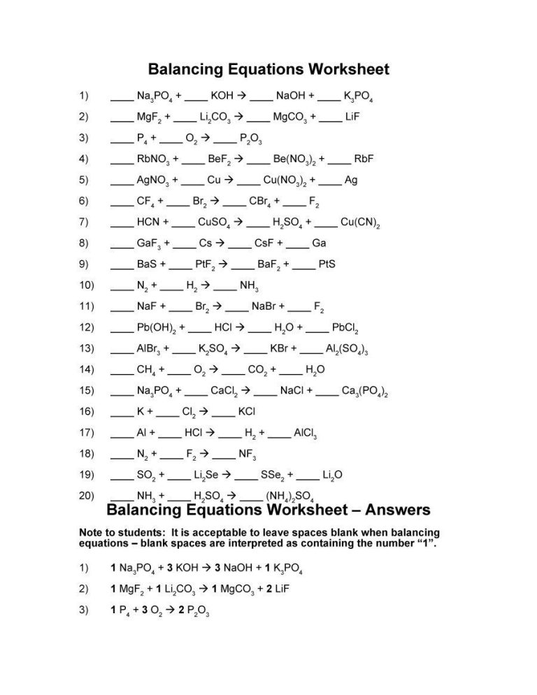 Answer Key Balancing Chemical Equations Worksheet Answers