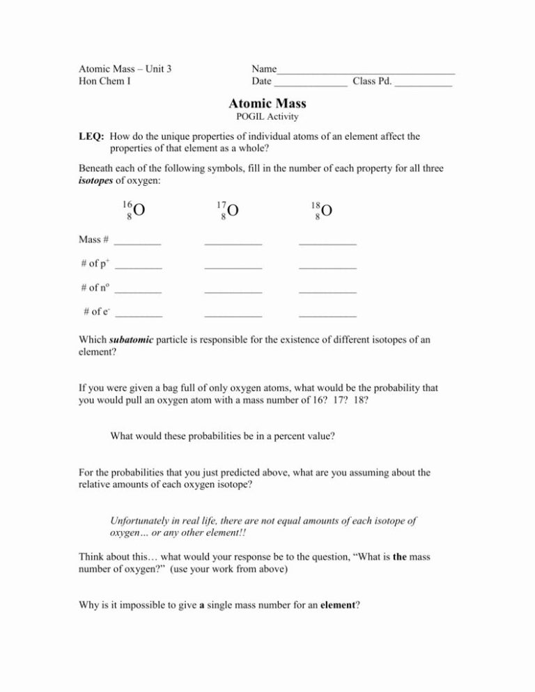 Isotopes Worksheet Answers Pogil