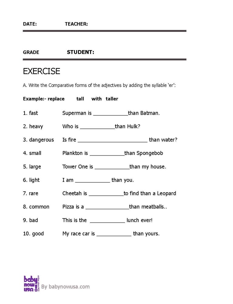 Grade 3 Comparative Adjectives Worksheet