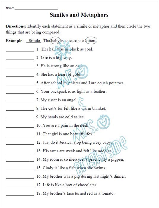5th Grade Simile Metaphor Personification Worksheet With Answers