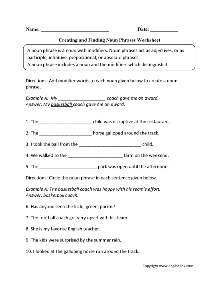 Adjective Phrase Worksheet With Answers Pdf