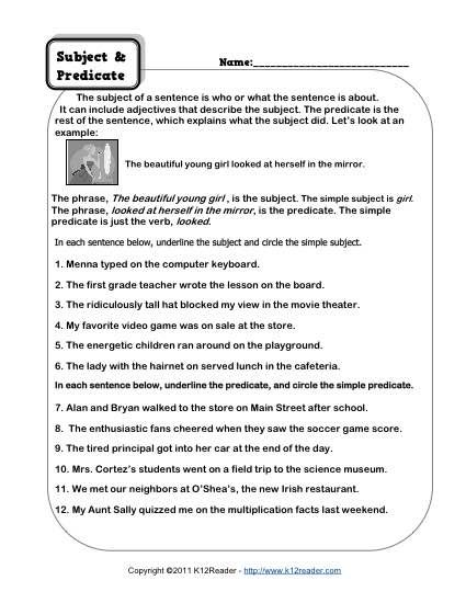 Simple Subject And Simple Predicate Worksheets With Answers Pdf