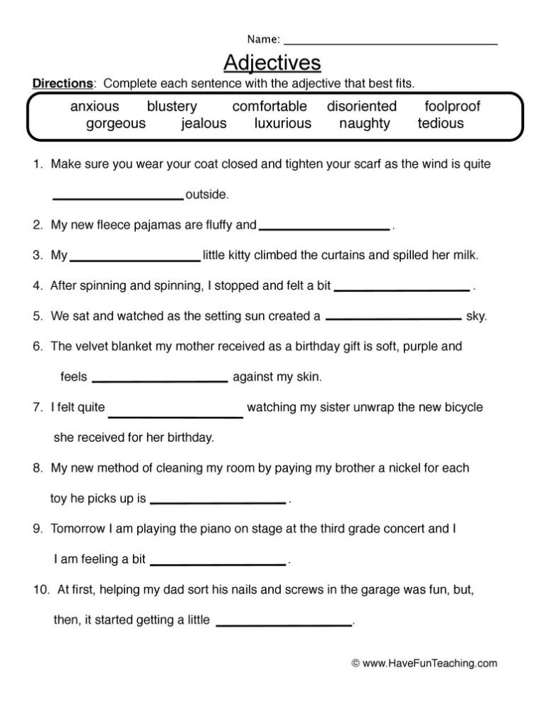 Answer Key Adjectives Worksheets For Grade 2 With Answers