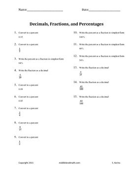 6th Grade Converting Fractions Decimals And Percents Worksheets With Answers