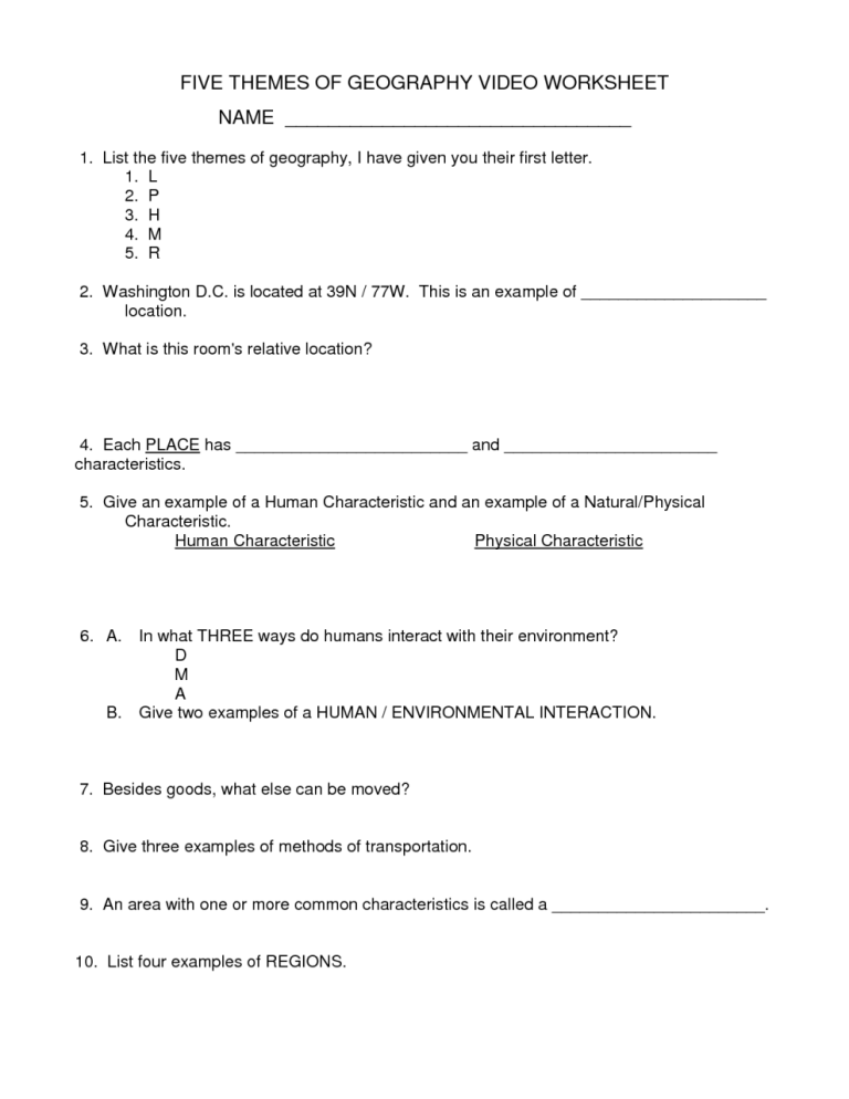6th Grade 5 Themes Of Geography Worksheet Pdf
