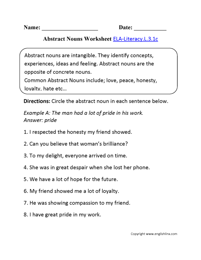 Grade 7 Concrete And Abstract Nouns Worksheet Pdf