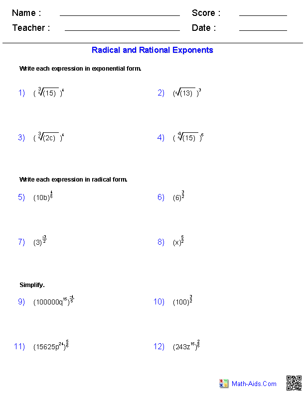 Algebra 2 Radicals And Rational Exponents Worksheet Answers