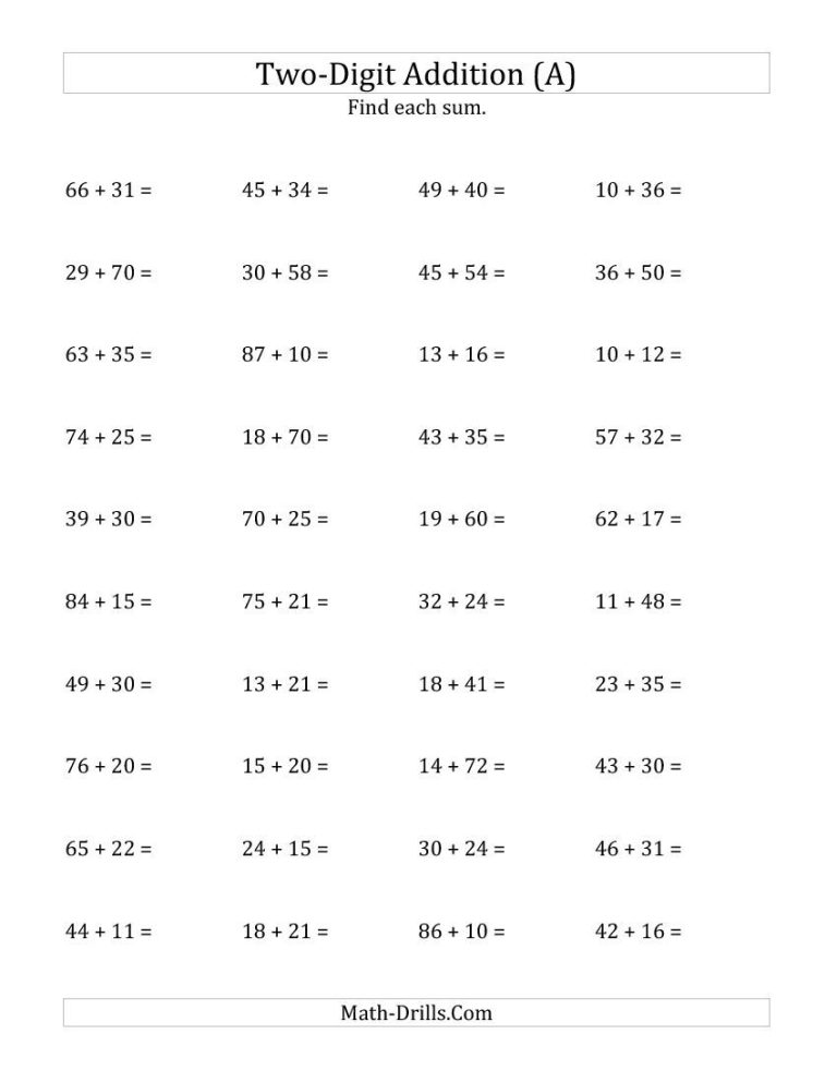 2 Digit Addition Without Regrouping Horizontal Worksheets