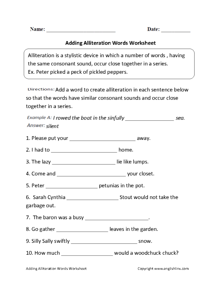 4th Grade Alliteration Worksheets With Answers