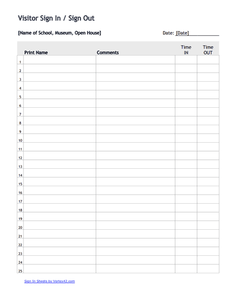 Printable Visitor Sign In Sheet Template Excel