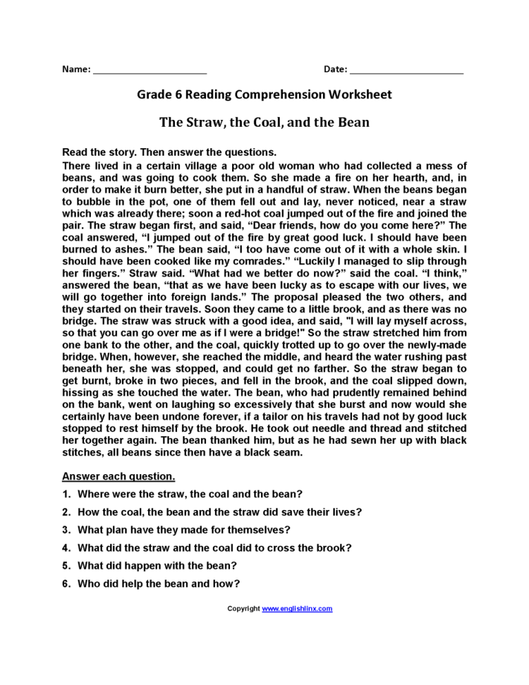 Comprehension For Class 6 In English Pdf