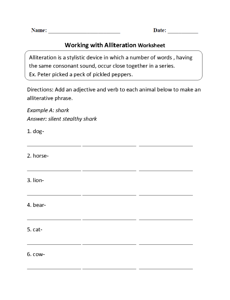 Alliteration Worksheets With Answers Pdf