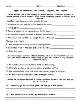 Simple Compound Complex Sentences Worksheet For Grade 6