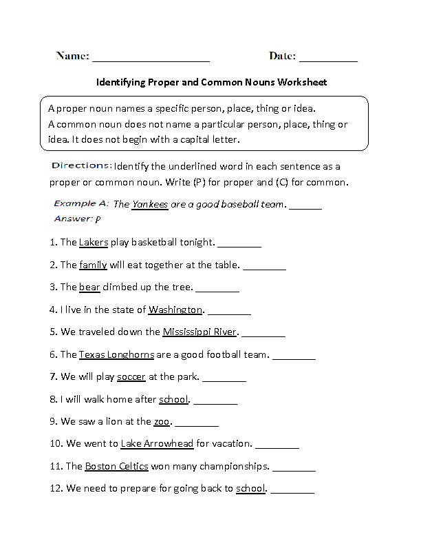 4th Grade Common And Proper Nouns Worksheet With Answers
