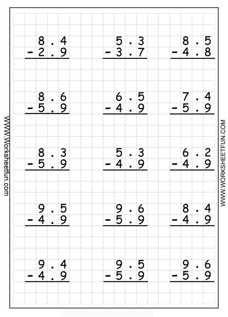 5th Grade Subtracting Decimals Worksheet