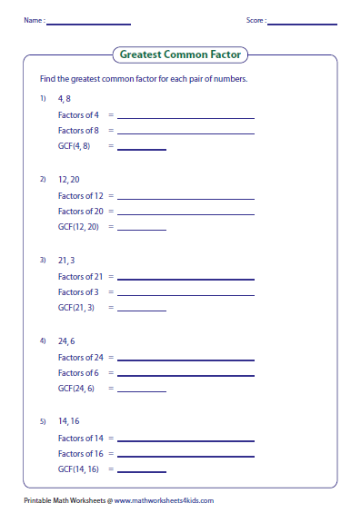 Common Factors Worksheet For Grade 4