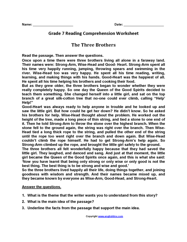 7th Grade Reading Comprehension Worksheets With Answers