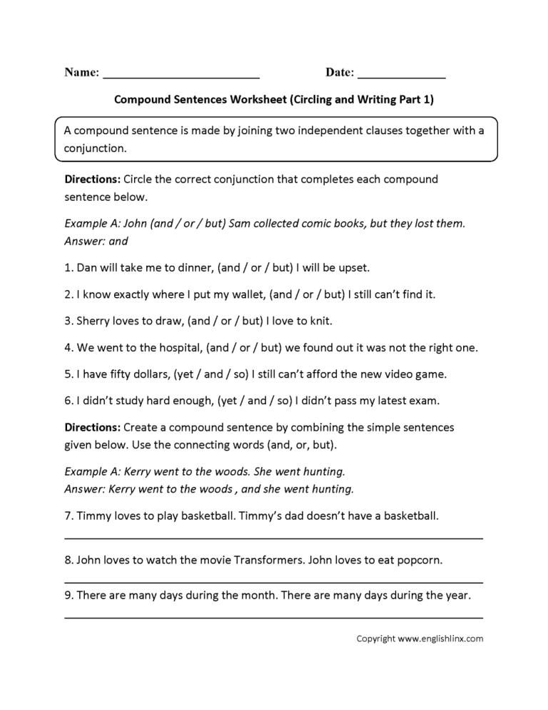 6th Grade Simple Compound Complex Sentences Worksheet