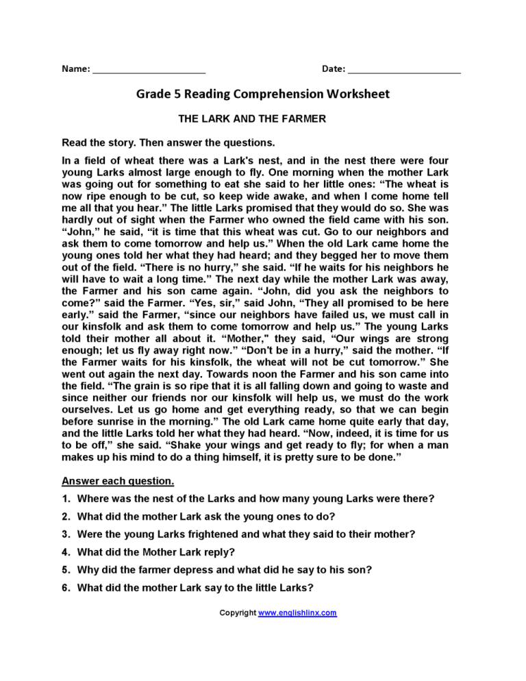 Year 5 Reading Comprehension Worksheets With Answers