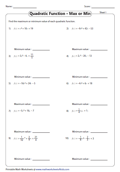 Quadratic Functions Worksheets Pdf