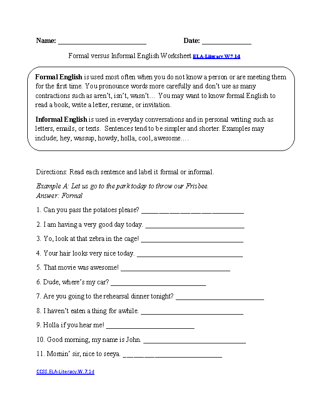 Printable 7th Grade English Worksheets